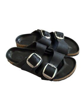 BIRKENSTOCK Women’s Black Leather Silver Buckle Sandals Size Women’s 9